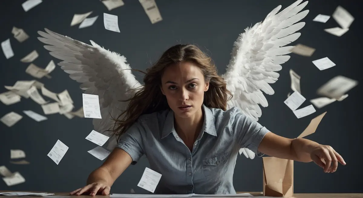 Vrouw met engelenvleugels verstrengeld in administratieve chaos, symboliseert Office Angels die orde schept.